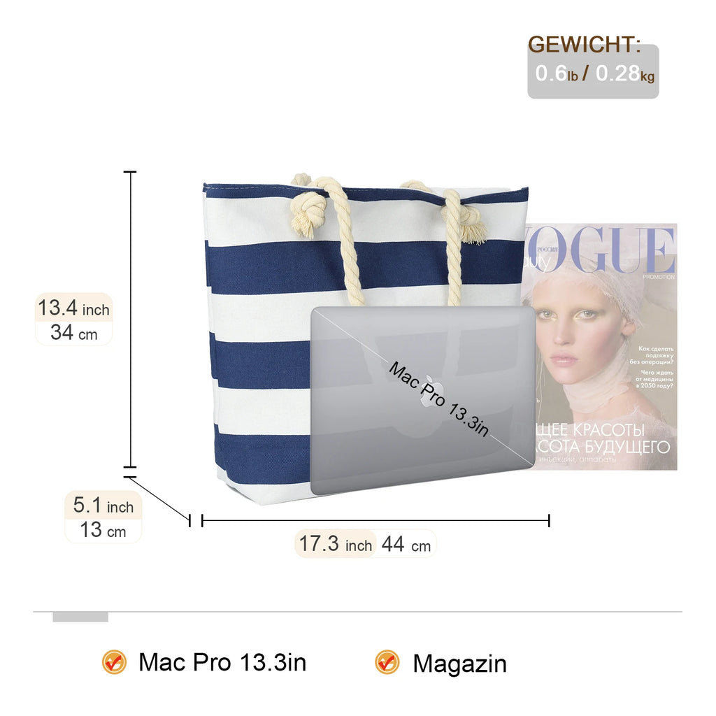 Sac de Plage Tote Canvas Rayé - Grande Capacité Épaule Shopping Femme