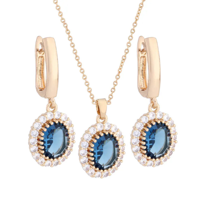 Women's Gold Zircon Jewelry Set — 45 cm Necklace + Vintage Wedding Earrings