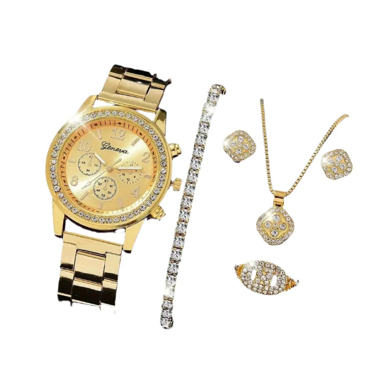 Coffret Bijoux Montre Femme Dorée 5 Pièces — Montre Quartz + Bague + Collier + Boucles d'Oreilles