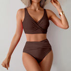 Bikini sexy de cintura alta con fruncido frontal y detalle retorcido para mujer - Traje de baño de dos piezas que estiliza la figura para la playa en verano.