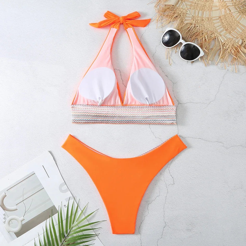 Bikini Sexy 2026 Femme Halter Thong Taille Haute - Maillot de Bain Brésilien Deux Pièces