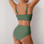 Bikini sexy de cintura alta con fruncido frontal y detalle retorcido para mujer - Traje de baño de dos piezas que estiliza la figura para la playa en verano.
