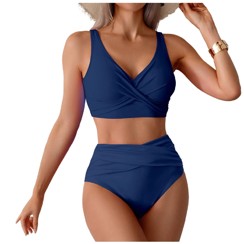 Bikini Femme Taille Haute Sexy Twist Front Froncé - Maillot de Bain Deux Pièces Amincissant Plage