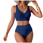 Bikini sexy de cintura alta con fruncido frontal y detalle retorcido para mujer - Traje de baño de dos piezas que estiliza la figura para la playa en verano.