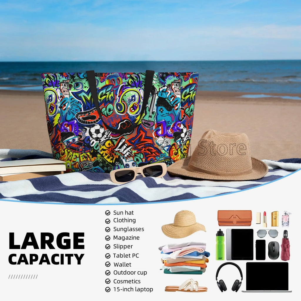 Sac de Plage Tote Graffiti Imperméable - Grande Capacité Voyage Femme