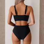 Bikini sexy de cintura alta con fruncido frontal y detalle retorcido para mujer - Traje de baño de dos piezas que estiliza la figura para la playa en verano.