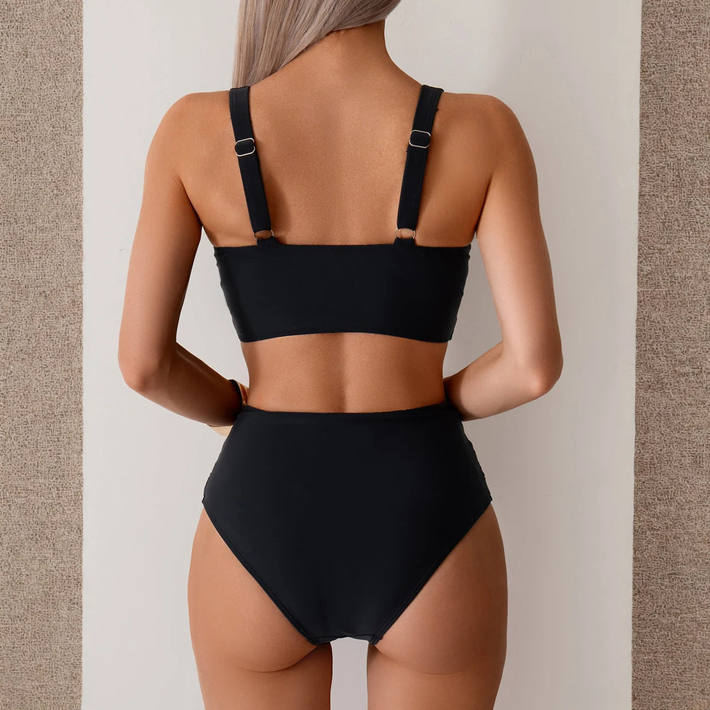 Bikini Femme Taille Haute Sexy Twist Front Froncé - Maillot de Bain Deux Pièces Amincissant Plage