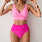 Bikini de mujer de talle alto, sexy, con detalle fruncido en la parte delantera y diseño retorcido - Traje de baño de playa de dos piezas que estiliza la figura.
