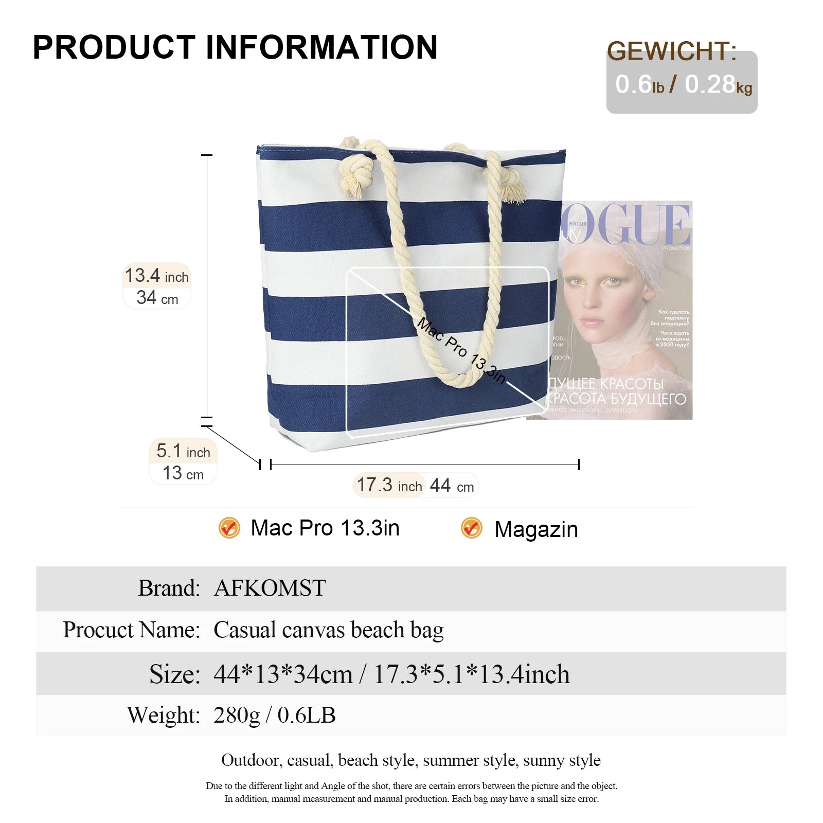 Sac de Plage Tote Canvas Rayé - Grande Capacité Épaule Shopping Femme