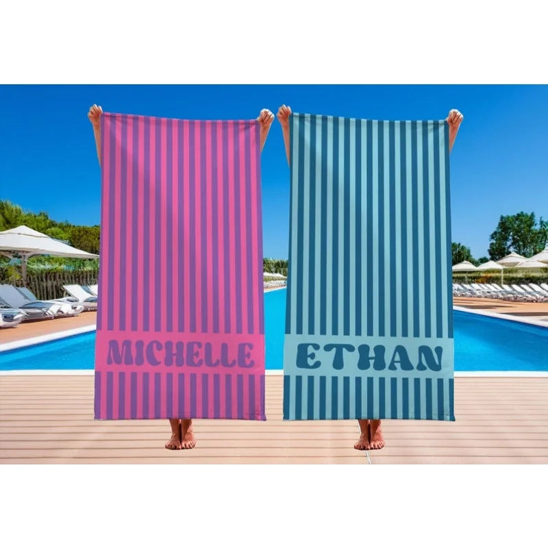 Serviette de Plage Personnalisée Prénom Rayée Microfibre - Absorbante Anti-Sable Cadeau