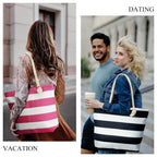 Striped Canvas Tote Beach Bag - Large Capacity Shoulder Shopping Bag for Women
