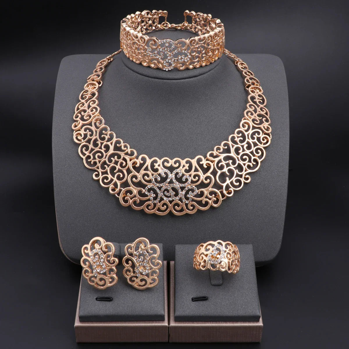 Women's Gold-Plated 4-Piece Jewelry Set — Necklace + Earrings + Ring + 18K Gold Plated Bracelet