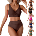 Bikini de mujer de talle alto, sexy, con detalle fruncido en la parte delantera y diseño retorcido - Traje de baño de playa de dos piezas que estiliza la figura.