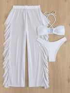 Conjunto de bikini y pareo para mujer con escote halter cruzado - Traje de baño tipo bandeau con pantalones con volantes