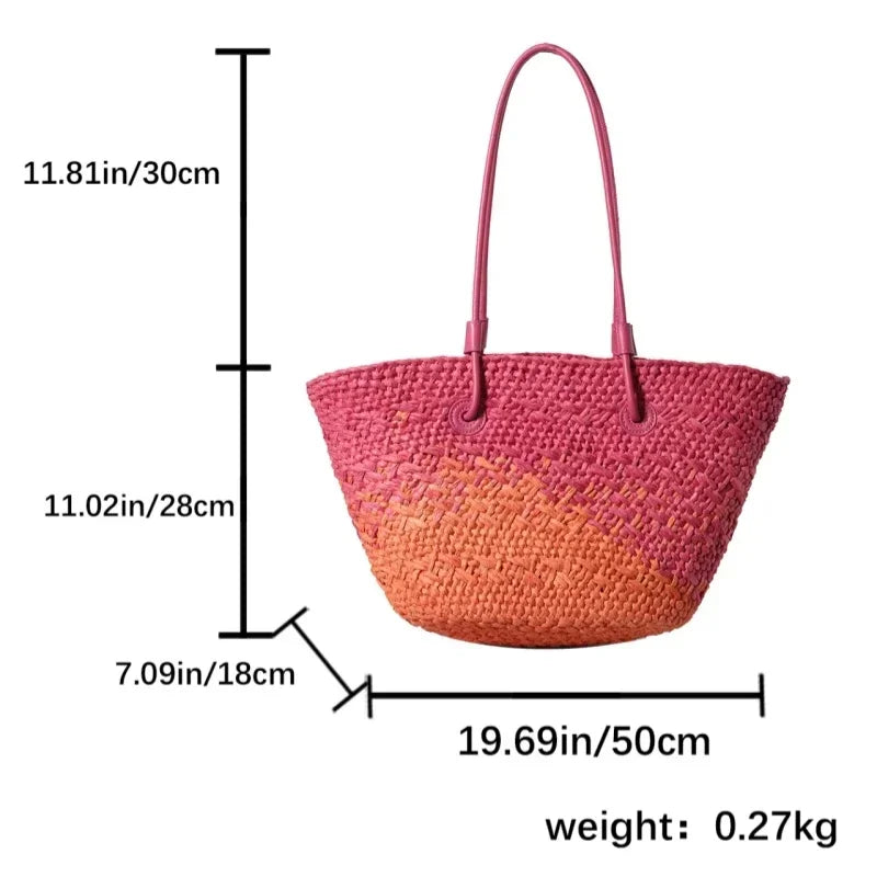 Sac de Plage Paille Tressé Main - Grande Capacité Dégradé Voyage Femme