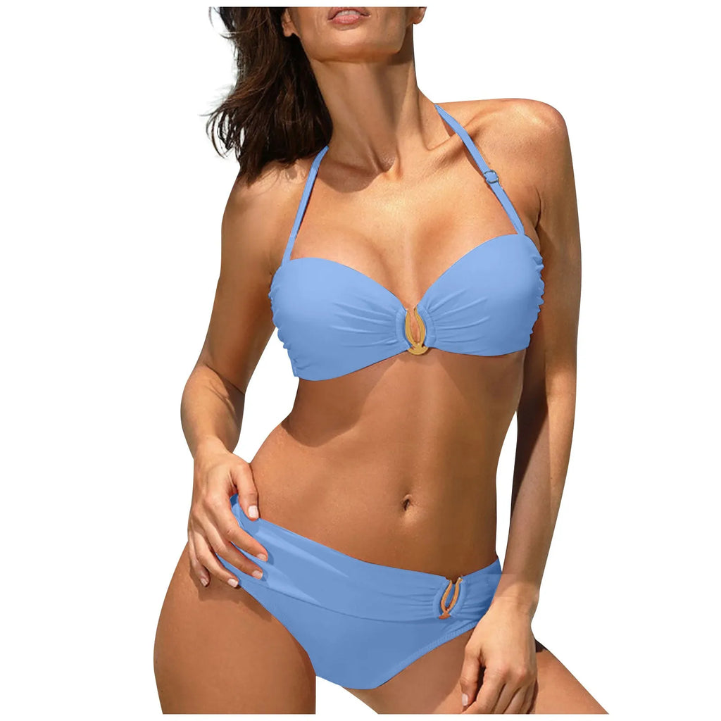 Bikini Femme Sexy Dos Nu Couleur Unie - Maillot de Bain Deux Pièces Col Halter Taille Basse Plage