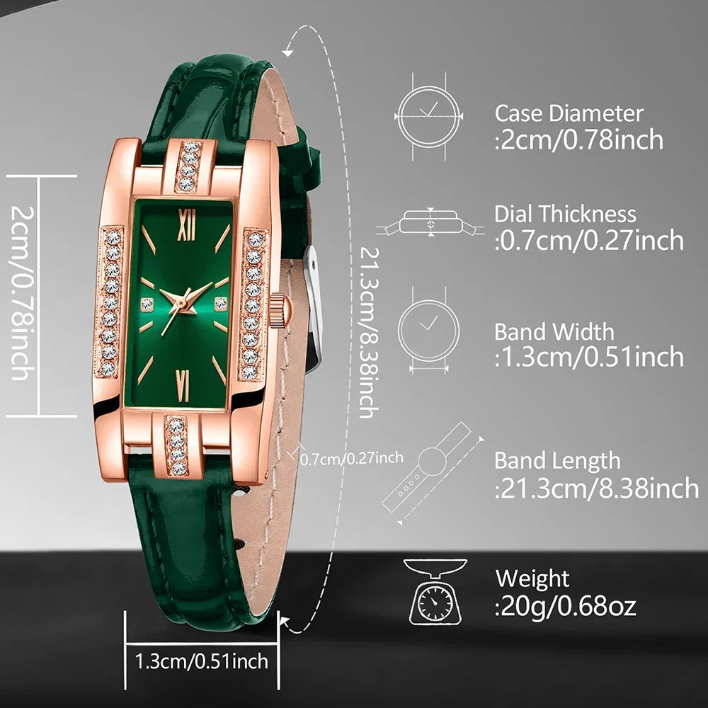 Coffret Bijoux Montre Femme Verte 9 Pièces — Montre Quartz Rectangulaire + Bracelet + Collier + Boucles d'Oreilles
