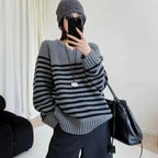 Pull Col V 100% Laine Rayé Premium Femme — Oversize, Manches Longues, Automne/Hiver