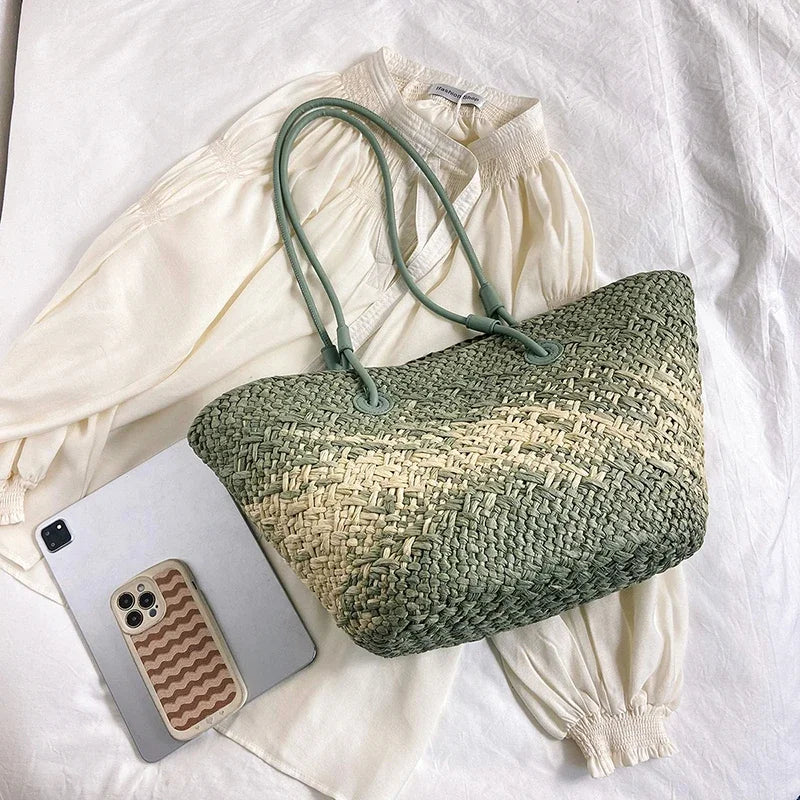 Sac de Plage Paille Tressé Main - Grande Capacité Dégradé Voyage Femme