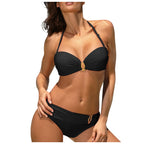 Bikini Femme Sexy Dos Nu Couleur Unie - Maillot de Bain Deux Pièces Col Halter Taille Basse Plage