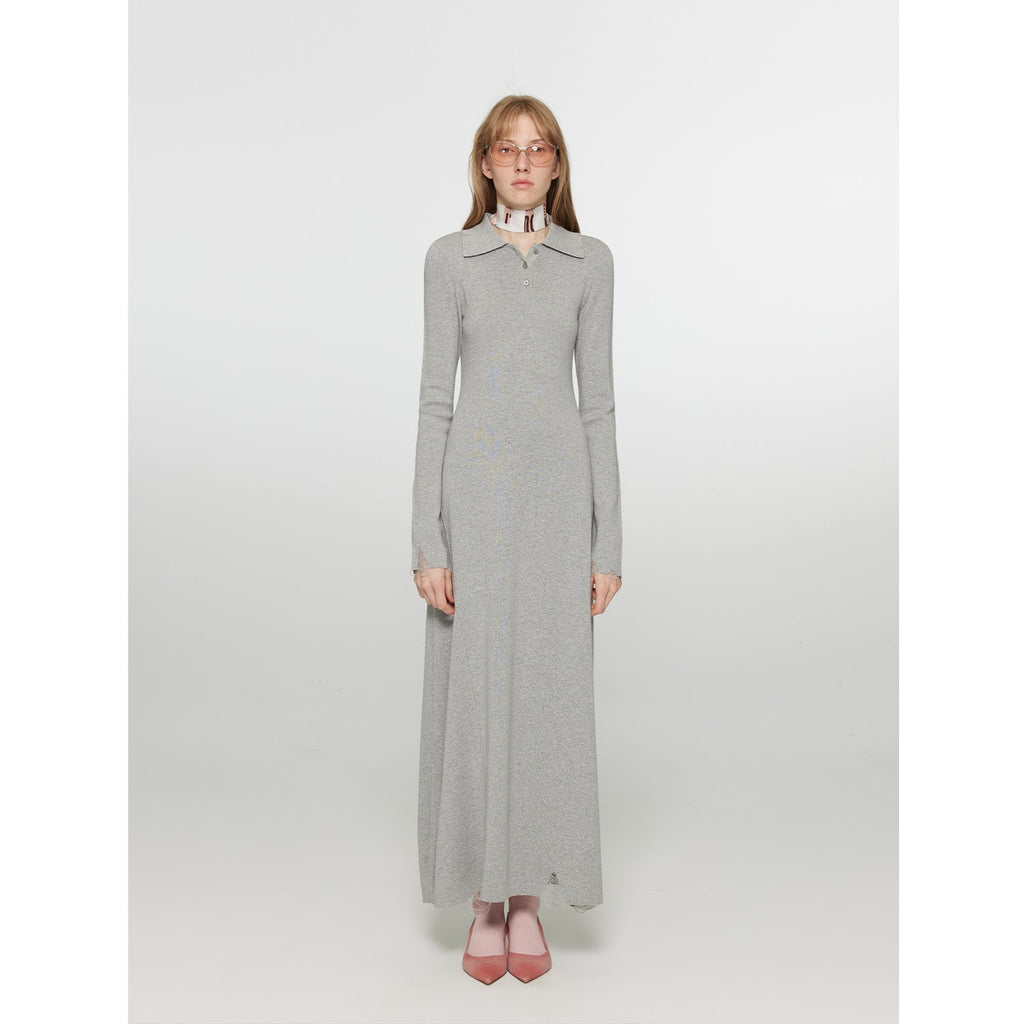 "Spring Muse" Merino Wool / Exquisite Polo Collar Waist-cinching Knit A-line Dress for Women-1