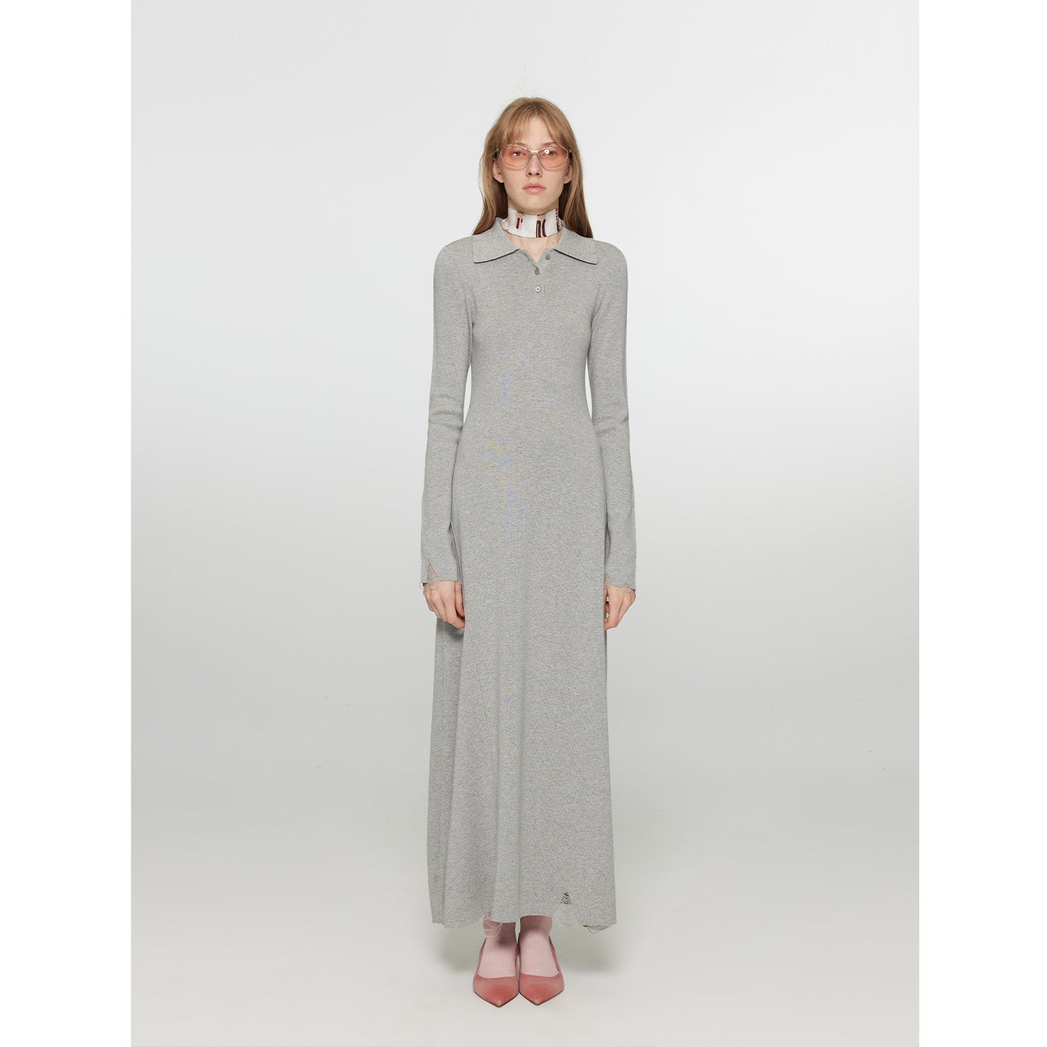 "Spring Muse" Merino Wool / Exquisite Polo Collar Waist-cinching Knit A-line Dress for Women-1