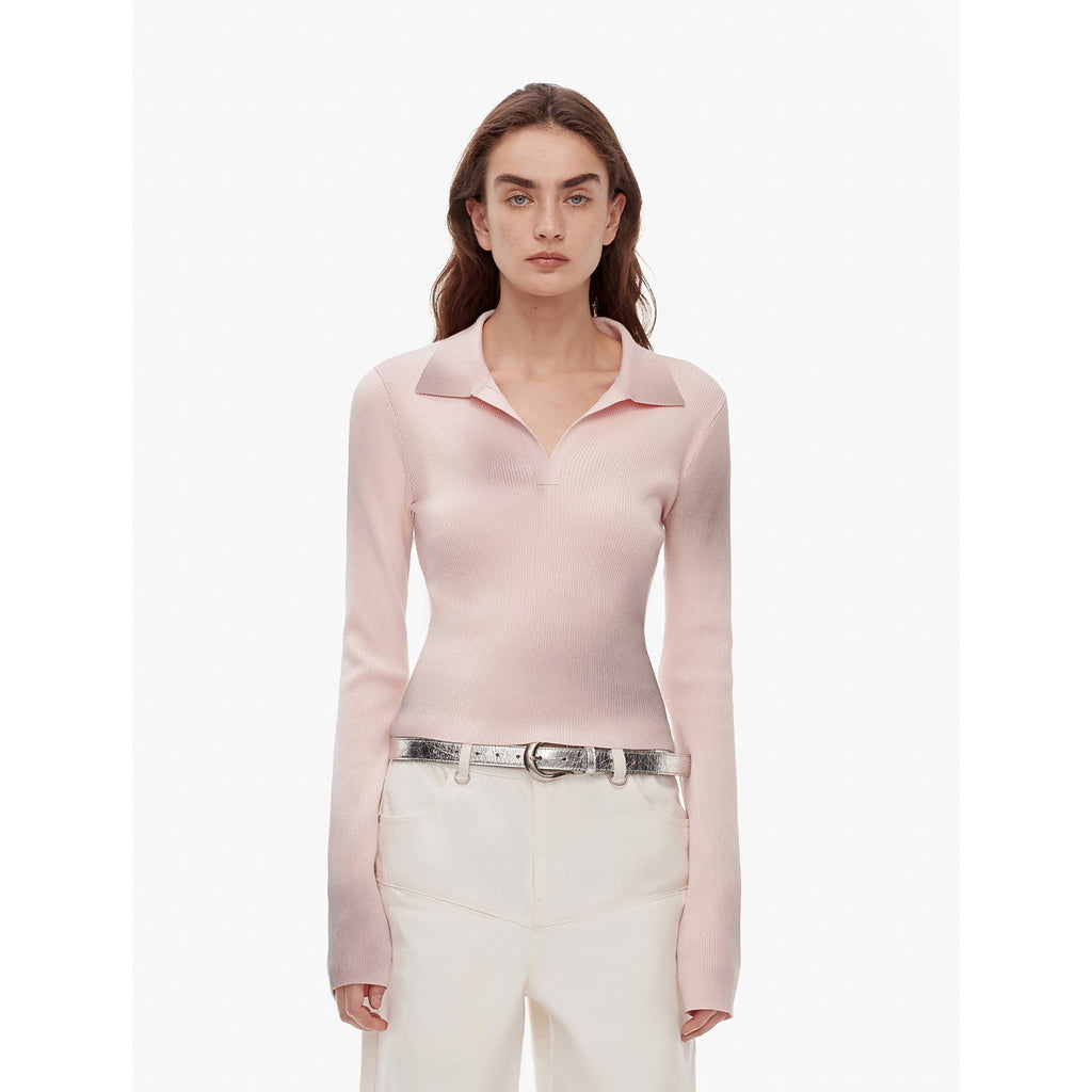 "Artistic Abstract" sfumato distressed printed merino wool waisted polo collar long sleeve short knit sweater-5
