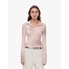 "Artistic Abstract" sfumato distressed printed merino wool waisted polo collar long sleeve short knit sweater-5