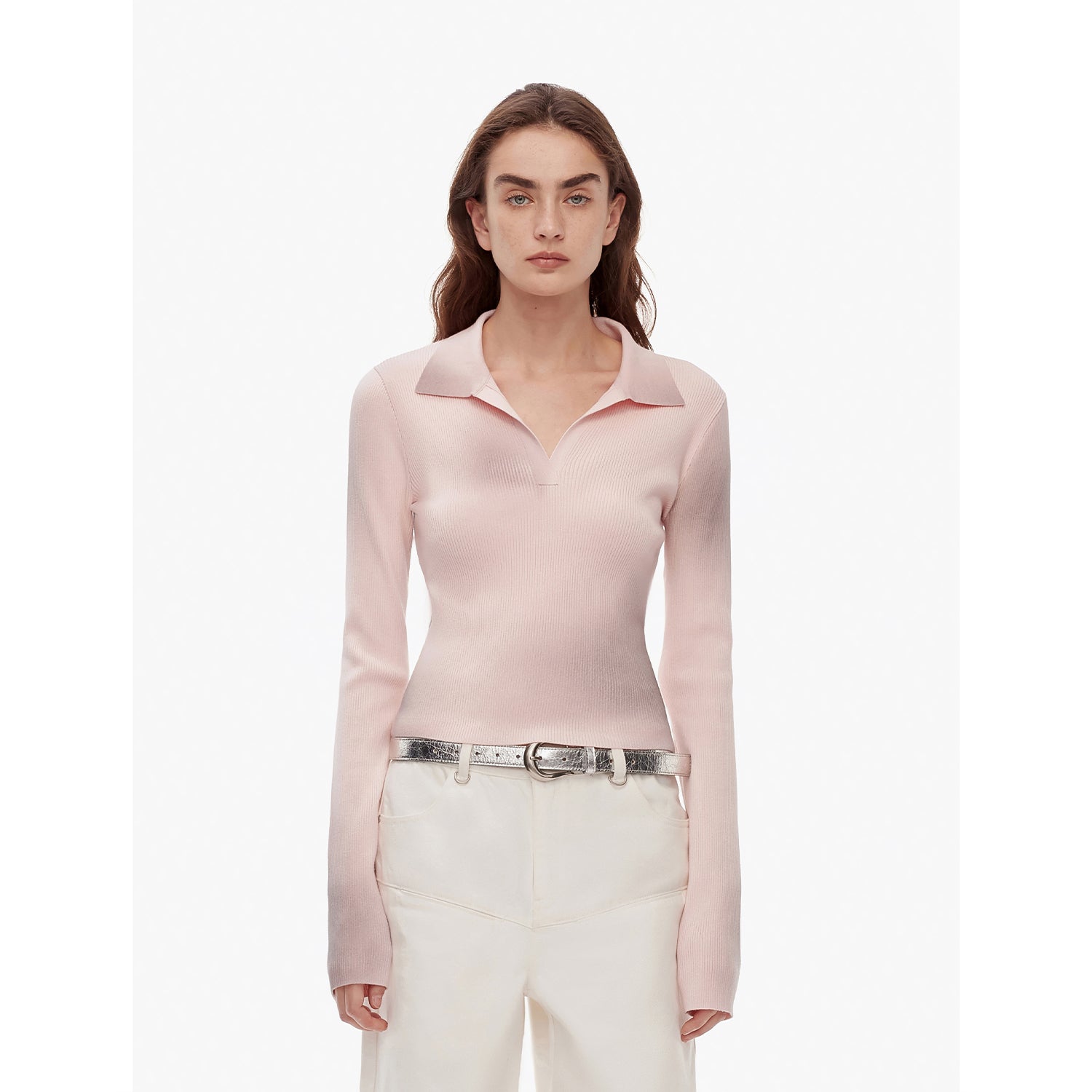 "Artistic Abstract" sfumato distressed printed merino wool waisted polo collar long sleeve short knit sweater-5
