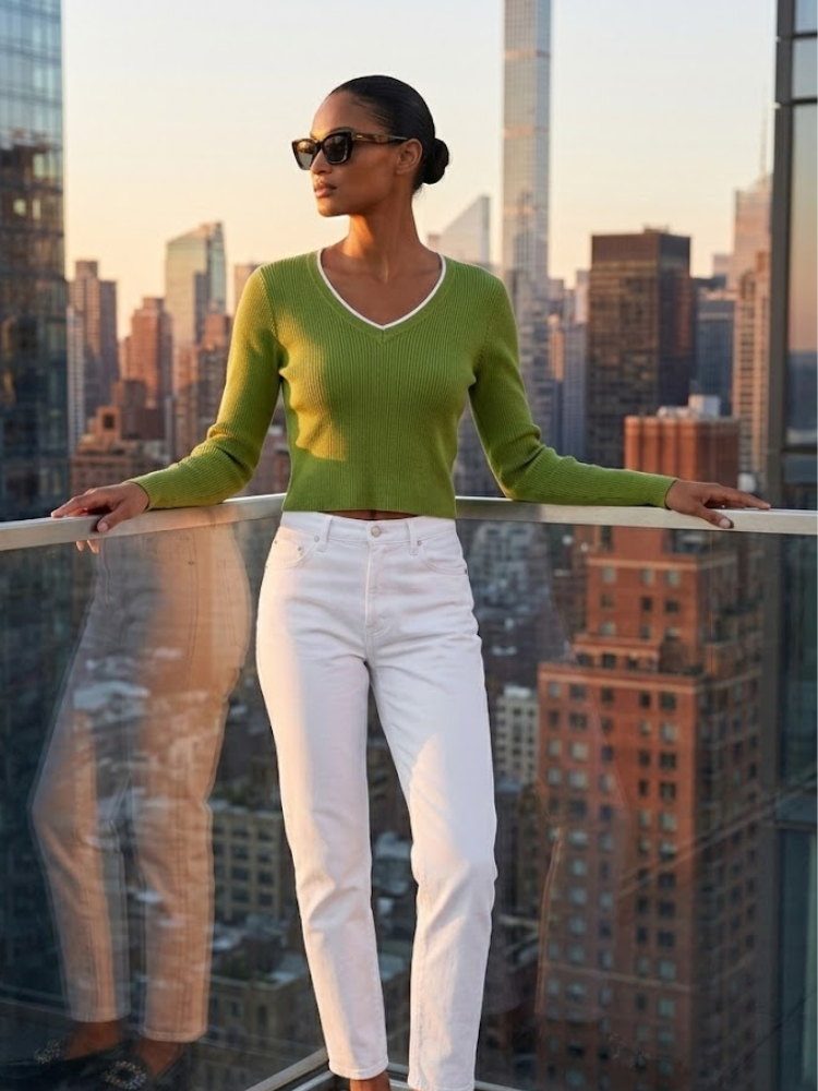 Jersey de punto acanalado escote pico verde pistacho para mujer – Estilo preppy-chic SoHo Nueva York