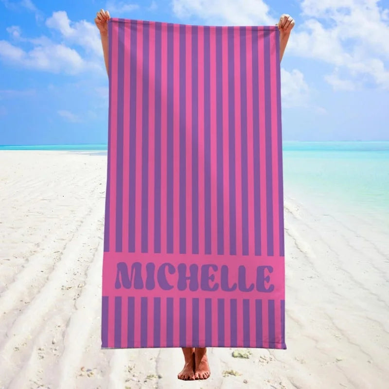 Serviette de Plage Personnalisée Prénom Rayée Microfibre - Absorbante Anti-Sable Cadeau