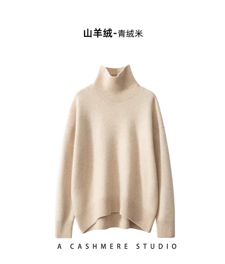 Jersey de cuello alto de cachemira gruesa para mujer — Holgado, Cálido, Tallas grandes S-XXXL