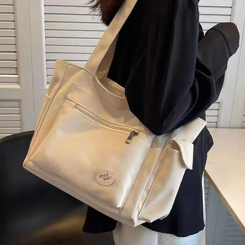 Sac Cabas Toile Femme Beige — Grand Tote Bag Casual Multipoches Broderie & Rivets