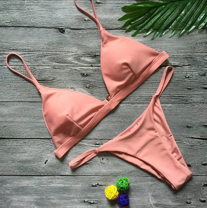 Bikini Femme Couleur Unie Deux Pièces - Maillot de Bain Taille Basse Ajustable