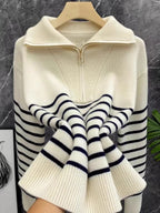 Women's Striped Cashmere Turtleneck Sweater — Zippered, Loose Fit, Autumn/Winter