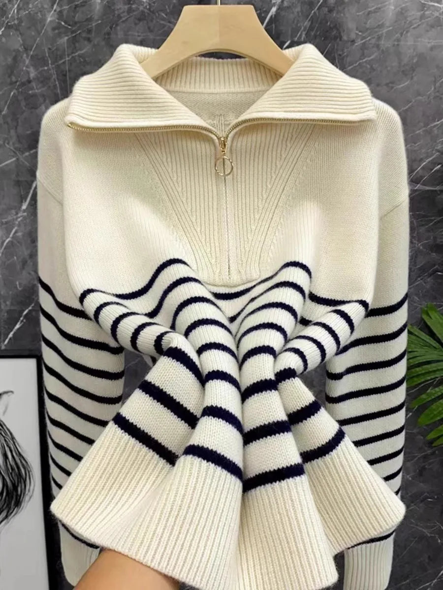 Women's Striped Cashmere Turtleneck Sweater — Zippered, Loose Fit, Autumn/Winter