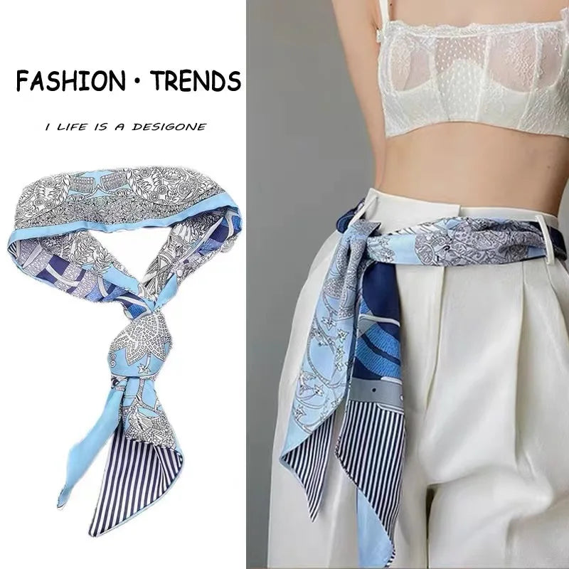 Foulard Soie Femme Imprimé Bleu — Satin Élégant Multifonction