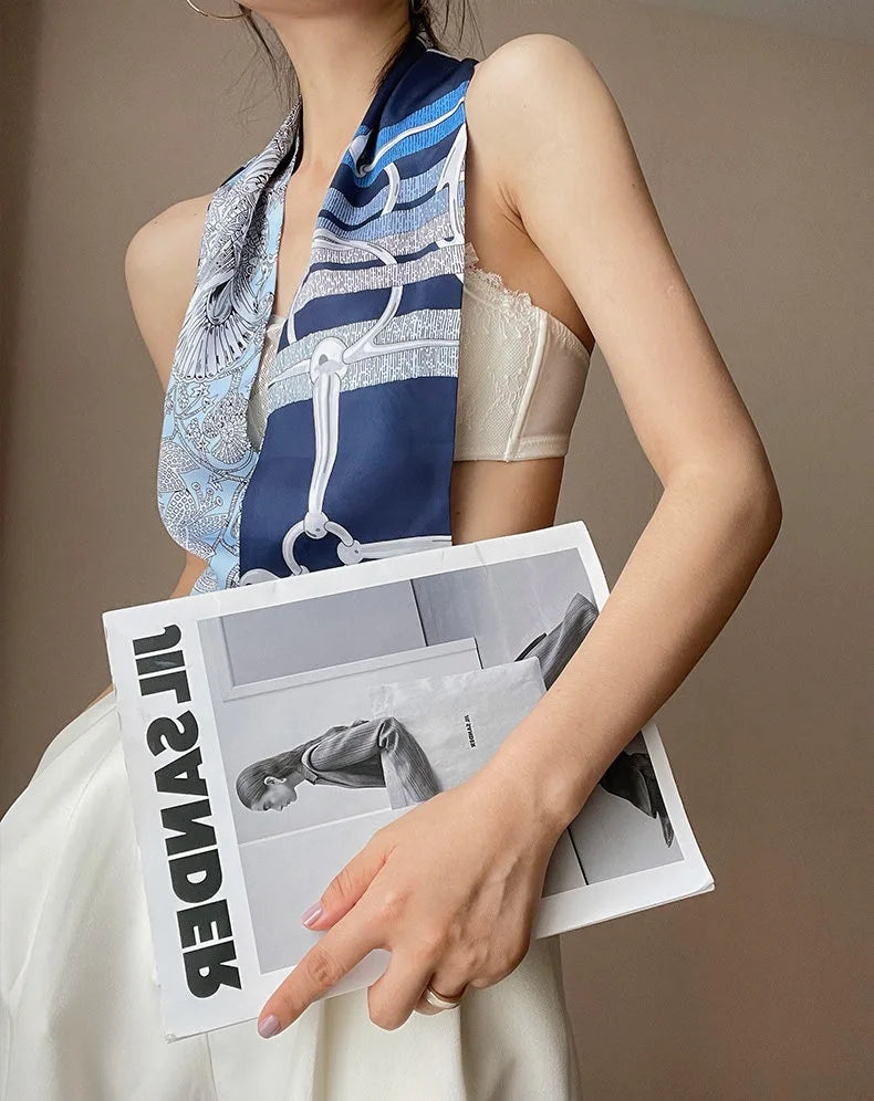 Foulard Soie Femme Imprimé Bleu — Satin Élégant Multifonction