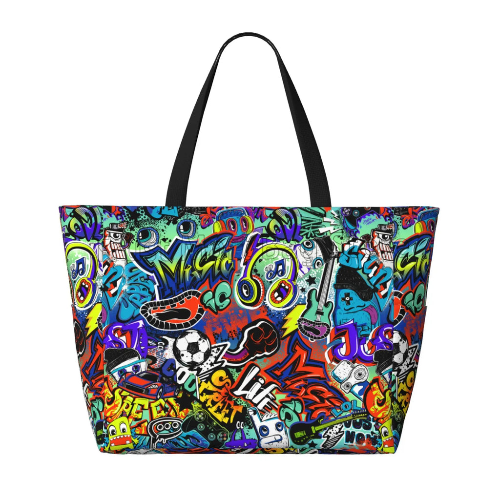 Sac de Plage Tote Graffiti Imperméable - Grande Capacité Voyage Femme