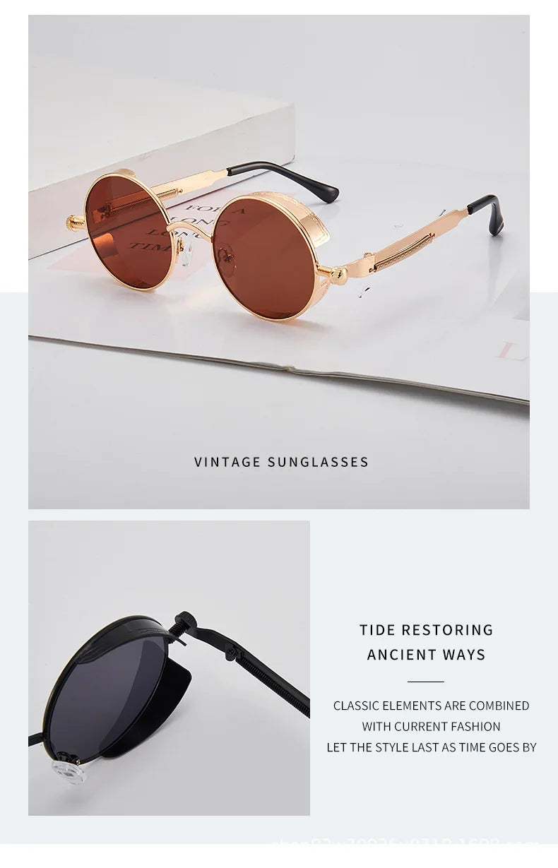 Lunettes de Soleil Steampunk Rétro Gothique - Design Rond Vintage Unisexe