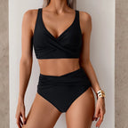 Bikini sexy de cintura alta con fruncido frontal y detalle retorcido para mujer - Traje de baño de dos piezas que estiliza la figura para la playa en verano.