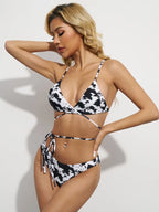 Conjunto de bikini de talle alto para mujer con un sexy estampado moteado - Conjunto de 3 piezas con falda brasileña