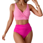 Bikini sexy de cintura alta con fruncido frontal y detalle retorcido para mujer - Traje de baño de dos piezas que estiliza la figura para la playa en verano.
