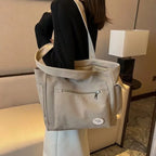 Sac Cabas Toile Femme Beige — Grand Tote Bag Casual Multipoches Broderie & Rivets