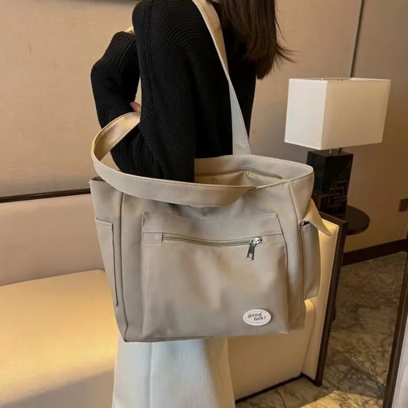 Sac Cabas Toile Femme Beige — Grand Tote Bag Casual Multipoches Broderie & Rivets