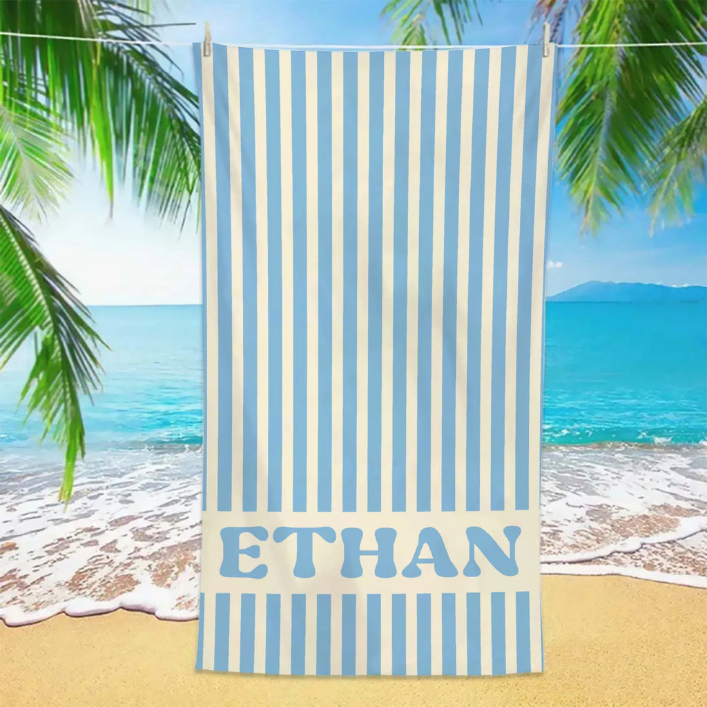 Serviette de Plage Personnalisée Prénom Rayée Microfibre - Absorbante Anti-Sable Cadeau