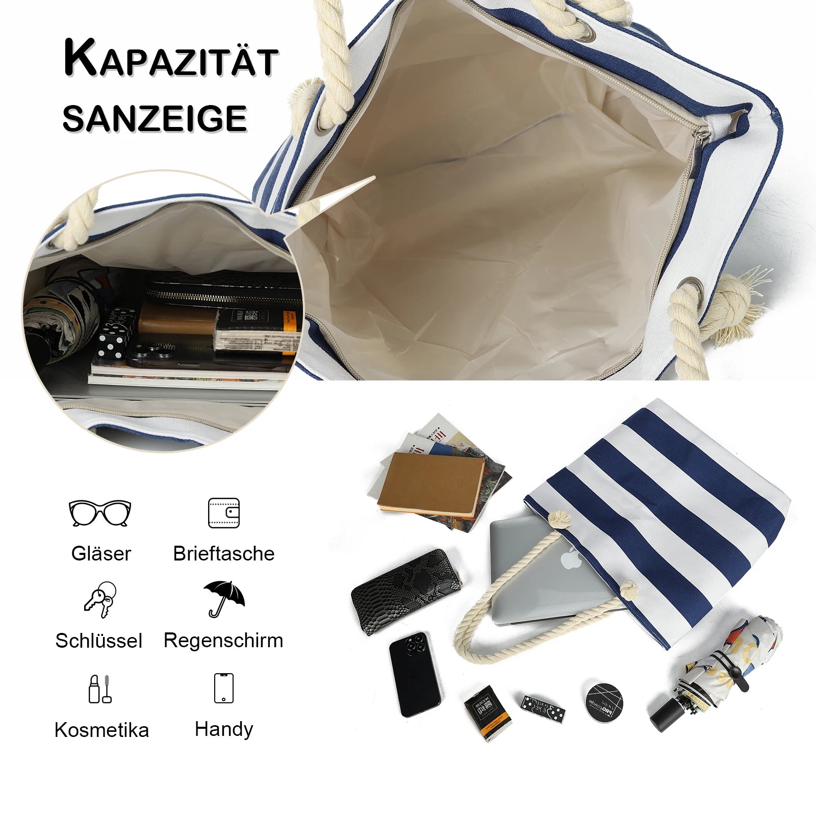 Sac de Plage Tote Canvas Rayé - Grande Capacité Épaule Shopping Femme