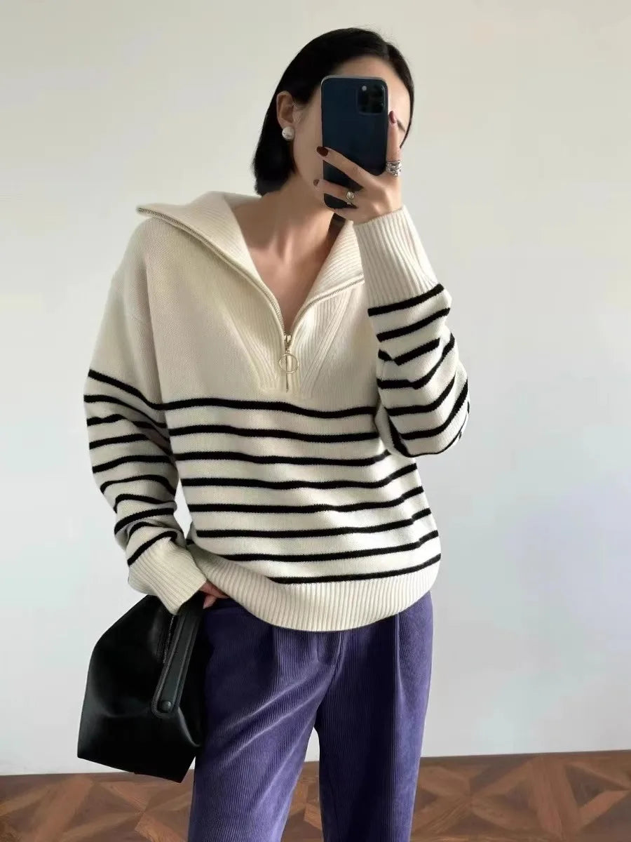 Women's Striped Cashmere Turtleneck Sweater — Zippered, Loose Fit, Autumn/Winter