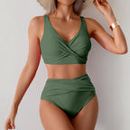 Bikini de mujer de talle alto, sexy, con detalle fruncido en la parte delantera y diseño retorcido - Traje de baño de playa de dos piezas que estiliza la figura.