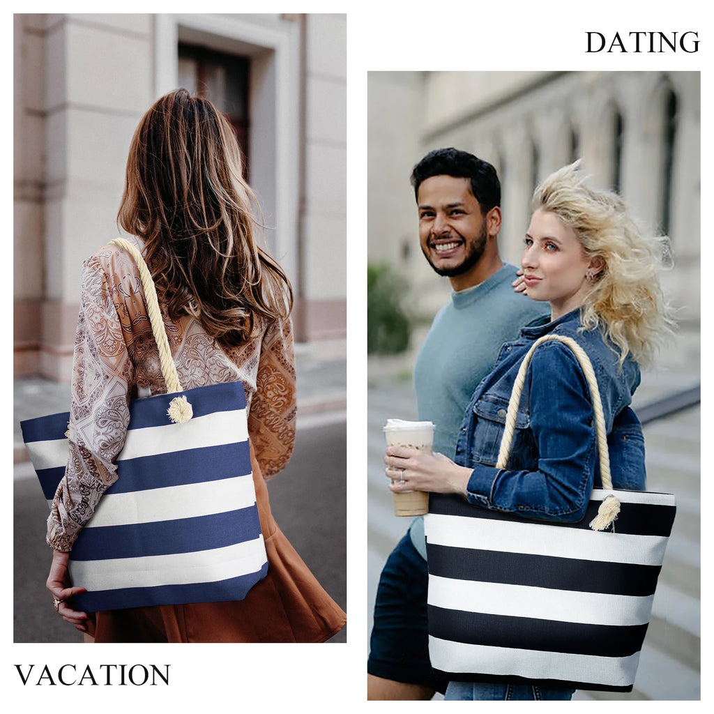 Sac de Plage Tote Canvas Rayé - Grande Capacité Épaule Shopping Femme